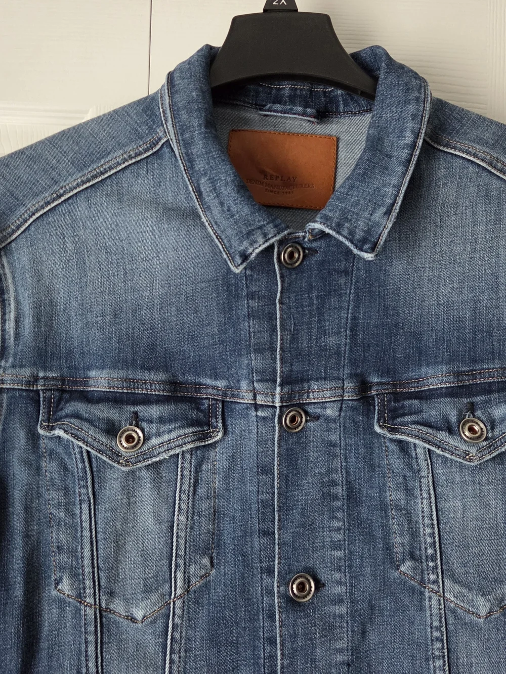 Replay Leather Logo Patch Blue Distressed Denim Jacket Size XXL
